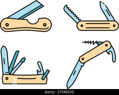 Jeu d'icônes multifonctions pour couteaux à main. Contour ensemble d'icônes vectorielles multifonctions de canif couleur de ligne mince à plat sur blanc Illustration de Vecteur