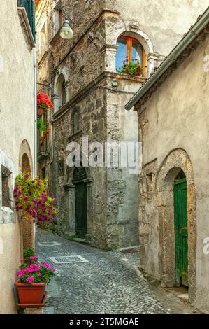 Ruelle et maisons médiévales en pierre dans le hameau de Castel san Vincenzo, province d'isernia, Molise, Italie, Europe Banque D'Images
