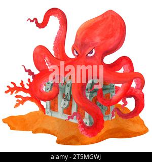 Un poulpe de dessin animé rouge en colère protège le coffre au Trésor, regarde de sous ses sourcils le spectateur. Illustration d'aquarelle isolée. Clipart Banque D'Images