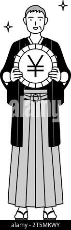 Jour de l'an et mariages, homme senior portant hakama avec écusson une image des gains de change et de l'appréciation du yen, Vector Illustration Illustration de Vecteur