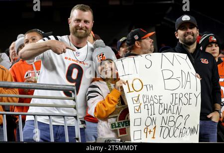 Cincinnati, États-Unis. 05 novembre 2023. Les fans de football encouragent leur équipe lors du match entre les Bills de Baffalo et les Bengals de Cincinnati au Paycor Stadium le dimanche 5 novembre 2023 à Cincinnati, Ohio. Photo de John Sommers II/UPI crédit : UPI/Alamy Live News Banque D'Images