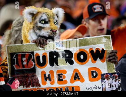 Cincinnati, États-Unis. 05 novembre 2023. Les fans de football encouragent leur équipe lors du match entre les Bills de Baffalo et les Bengals de Cincinnati au Paycor Stadium le dimanche 5 novembre 2023 à Cincinnati, Ohio. Photo de John Sommers II/UPI crédit : UPI/Alamy Live News Banque D'Images