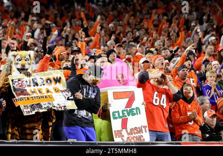 Cincinnati, États-Unis. 05 novembre 2023. Les fans de football encouragent leur équipe lors du match entre les Bills de Baffalo et les Bengals de Cincinnati au Paycor Stadium le dimanche 5 novembre 2023 à Cincinnati, Ohio. Photo de John Sommers II/UPI crédit : UPI/Alamy Live News Banque D'Images