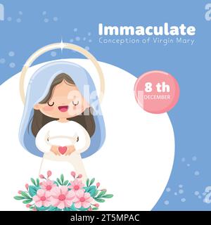 Fête de l'Immaculée conception. Vierge Marie tenant un cœur avec ses mains et une couronne de douze étoiles au-dessus de la tête et un bouquet de fleurs Illustration de Vecteur