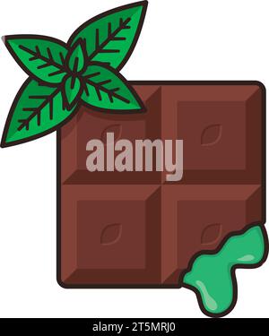 Barre de chocolat avec remplissage de menthe liquide et illustration vectorielle de feuilles pour la Journée de la menthe au chocolat le 19 février Illustration de Vecteur