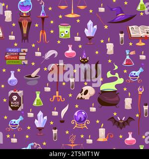 Modèle sans couture avec des objets magiques. Accessoires pour sorcières et assistants. Décoration textile, papier d'emballage, papier peint. Imprimé Halloween pour tissu Illustration de Vecteur