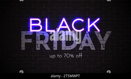 Bannière promotionnelle Premium Black friday. Enseigne au néon sur un mur de briques noires. Illustration vectorielle Illustration de Vecteur