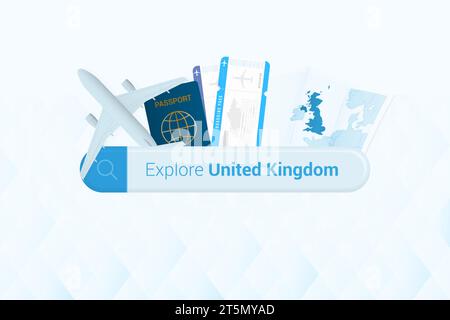 Vous cherchez des billets pour Royaume-Uni ou une destination de voyage dans Royaume-Uni. Barre de recherche avec avion, passeport, carte d'embarquement, billets et carte. VE Illustration de Vecteur