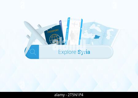 Vous cherchez des billets pour Syrie ou une destination de voyage dans Syrie. Barre de recherche avec avion, passeport, carte d'embarquement, billets et carte. Illustration vectorielle. Illustration de Vecteur