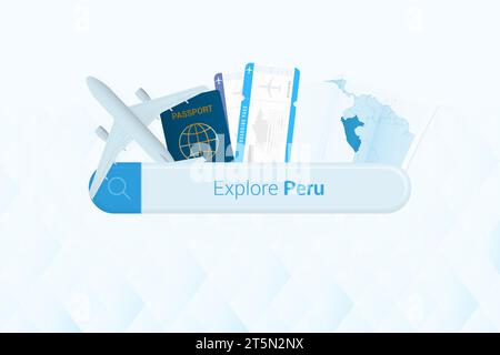 Vous cherchez des billets pour Pérou ou une destination de voyage dans Pérou. Barre de recherche avec avion, passeport, carte d'embarquement, billets et carte. Illustration vectorielle. Illustration de Vecteur