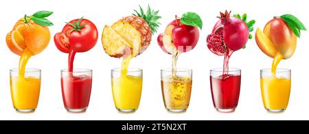 Collection de verres à jus et jus frais versé à partir de fruits dans les verres, isolé sur un fond blanc. Image créative pour votre advertisemen Banque D'Images