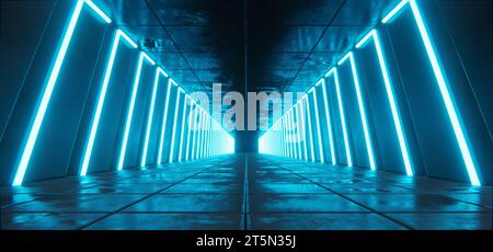 Tunnel en béton futuriste, couloir avec des lignes bleues néons cyber brillantes Banque D'Images
