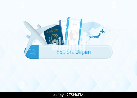 Recherche de billets pour le Japon ou destination de voyage dans Japon. Barre de recherche avec avion, passeport, carte d'embarquement, billets et carte. Illustration vectorielle. Illustration de Vecteur