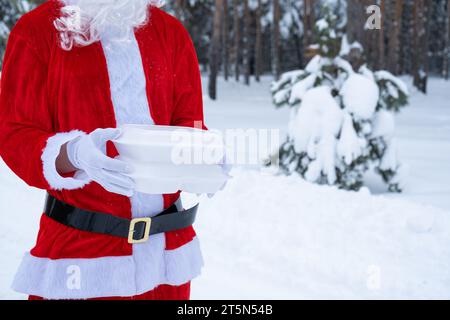 Conteneurs de service de livraison de nourriture dans les mains du Père Noël à l'extérieur dans la neige. Promotion de la veille de Noël. Boîte en plastique jetable, prête à être commandée à chaud. Nouveau y Banque D'Images