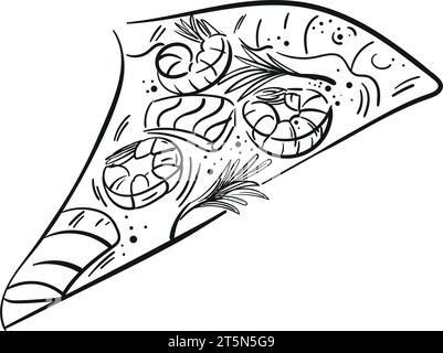 Tranche vectorielle dessinée à la main de pizza aux fruits de mer garnie de fromage, crevettes, saumon, verdure. Illustration de style Doodle. Pour le menu de nourriture, café, restaurant Illustration de Vecteur