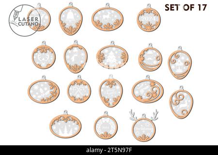 Ornements de Noël les fichiers de mise en page multicouches numériques de Noël découpés au laser sont spécialement préparés pour la découpe au laser, la machine de routeur CNC et autres. Illustration de Vecteur
