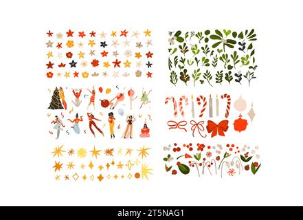 Dessin animé abstrait vectoriel dessiné à la main Joyeux Noël et bonne année éléments d'illustrations clipart ensemble avec des personnages de fleurs, feuilles et personnes Illustration de Vecteur