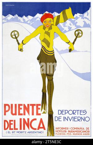 Puente del Inca. Deportes de invierno de Wharton. Affiche publiée en 1930 en Argentine. Banque D'Images