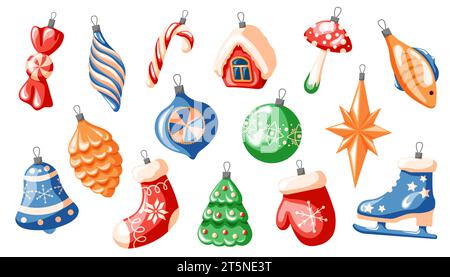 Décorations d'arbre de Noël dans le style de bande dessinée. Collection de jouets et balles du nouvel an. Illustration vectorielle isolée sur fond blanc. Illustration de Vecteur