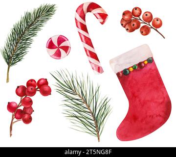 Chaussette de Noël avec épinette verte et branches de pin, bonbons de vacances et baies rouges vives. Illustration aquarelle pour décor du nouvel an. Isolé Banque D'Images