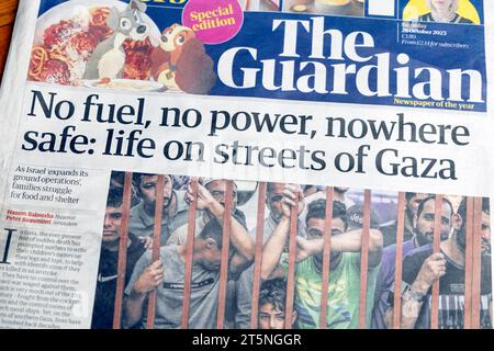 "Pas de carburant, pas d'électricité, nulle part sûr : la vie dans les rues de Gaza" journal Guardian en gros titre page 28 octobre 2023 crise humanitaire Londres Royaume-Uni Banque D'Images