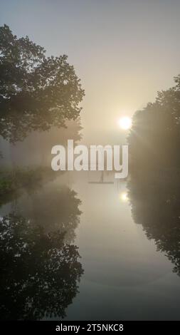 Dans les moments feutrés du petit matin, une scène d'une beauté inégalée se déroule. Le soleil levant, émergeant coyly de l'étreinte du brouillard, peint le ciel avec des teintes d'or et d'ambre. En dessous, les eaux calmes du canal agissent comme une toile, reflétant ce spectacle céleste. Sentinelle debout le long du bord de l'eau, les arbres jettent des silhouettes énigmatiques, ajoutant profondeur et mystère à ce paysage envoûtant. C'est l'orchestre de la nature qui joue une symphonie de lumière, d'ombre et de réflexion. Sunrise Serenade : mystique de brouillard, reflets et silhouettes d'arbre. Photo de haute qualité Banque D'Images