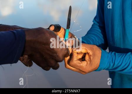 Salvador, Bahia, Brésil - 26 avril 2019 : mains de pêcheurs déliant la ligne de pêche. Pêche à la canne. Banque D'Images