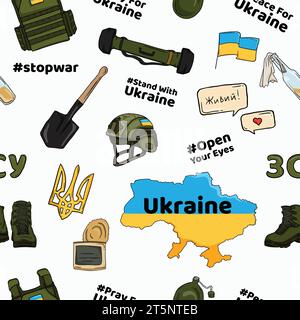 Schéma vectoriel clair sans couture de la guerre en ukraine avec un ensemble d'éléments militaires et nationaux ukrainiens Illustration de Vecteur