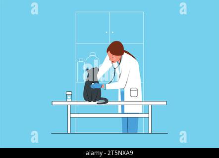 Chat animal regardant le vétérinaire vérifier le rythme cardiaque du chat avec stéthoscope sur la table dans l'établissement de soins hospitaliers vétérinaires, clinique, Check-Up, visite Illustration de Vecteur