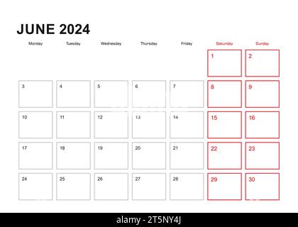 Planificateur mural pour juin 2024 en langue anglaise, la semaine commence lundi. Calendrier vectoriel 2024. Illustration de Vecteur
