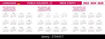 Calendrier vectoriel 2023, 2024, 2025 ans en langue allemande, la semaine commence le dimanche. Calendrier vectoriel. Illustration de Vecteur