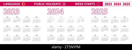 Calendrier vectoriel 2023, 2024, 2025 ans en langue turque, la semaine commence le dimanche. Calendrier vectoriel. Illustration de Vecteur