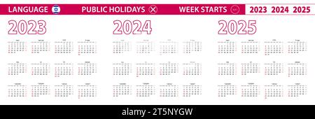 Calendrier vectoriel 2023, 2024, 2025 ans en langue hébraïque, la semaine commence le dimanche. Calendrier vectoriel. Illustration de Vecteur