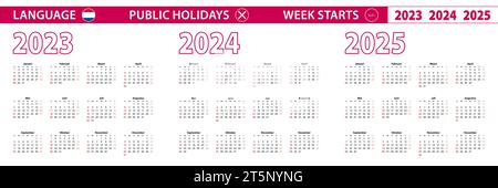 Calendrier vectoriel 2023, 2024, 2025 ans en néerlandais, la semaine commence le dimanche. Calendrier vectoriel. Illustration de Vecteur