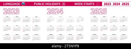 Calendrier vectoriel 2023, 2024, 2025 ans en langue slovène, la semaine commence le dimanche. Calendrier vectoriel. Illustration de Vecteur