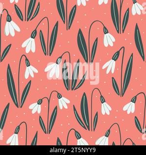 Motif vectoriel sans couture fleurs blanches de goutte de neige sur rose corail, textile, scrapbook, emballage. Illustration vectorielle Illustration de Vecteur
