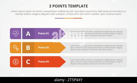 concept d'infographie de modèle d'étape de 3 points pour la présentation de diapositives avec pile de flèches rectangulaires avec liste de 3 points avec vecteur de style plat Banque D'Images