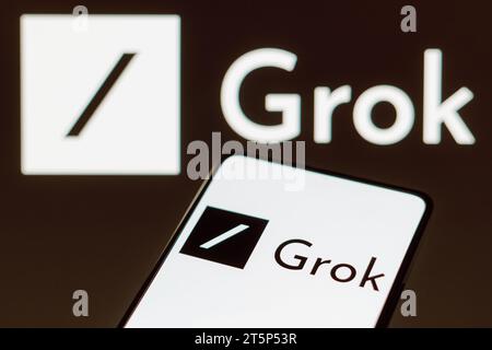 Brésil. 06 novembre 2023. Sur cette photo, le logo Grok est affiché sur l'écran d'un smartphone. Grok est un chatbot d’intelligence artificielle associé au réseau social X, créé par Elon Musk. (Photo de Rafael Henrique/SOPA Images/Sipa USA) *** strictement à des fins éditoriales *** crédit : SIPA USA/Alamy Live News Banque D'Images