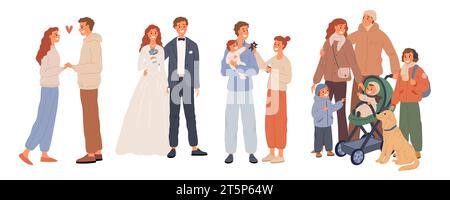 Dessins animés heureux stades de développement de la famille. Mignon couple amoureux. Heureux jeunes mariés. Jeunes parents avec enfants. Rencontres romantiques. Mariage et grossesse Illustration de Vecteur