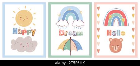 Jolies bannières bohèmes en arc-en-ciel. Cartes de vœux pour enfants. Texte positif. Heureux visages souriants. Design Boho primitif scandinave. Soleil et nuage drôles. Pluie Illustration de Vecteur