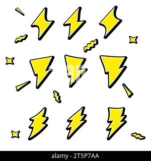 Éclairs et étoiles. Des gribouilles dessinées à la main. Vecteur de style de dessin animé Illustration de Vecteur