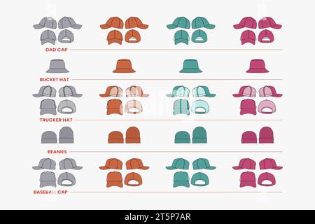 Casquette de baseball Casquette Trucker Vector Illustration Casquette chapeaux Flat Fashion Vector Template Bonnet Knit Bonnet Flat dessins techniques Trucker Hat Snapback BL Illustration de Vecteur