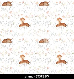 Motif sans couture Little Deer. Aquarelle bébé Deer. Fond d'écran mignon Fawn nursery. Animaux forestiers arrière-plan. Papier peint Woodland Animals Banque D'Images