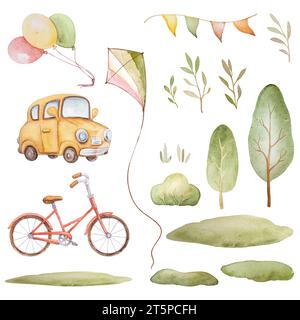 Dessin animé de transport d'aquarelle, voiture de bébé d'aquarelle, vélo de bébé d'aquarelle, clip Art d'été d'aquarelle, ensemble d'arbre d'aquarelle Banque D'Images