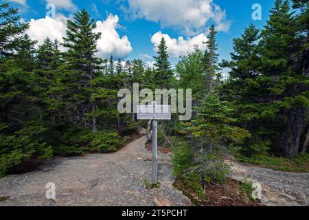 Le panneau Middle Sister Trail dirige les randonneurs qui traversent les trois Sœurs sur le mont Chocorua. - Albany, New Hampshire. Banque D'Images