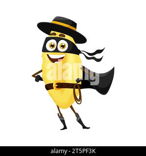 Cartoon gnocchetti sardi italien pasta Food superhéros personnage luttant pour sauver le monde de la fesse. Vecteur isolé personnage ludique macaroni en chapeau zorro noir, masque et cape armé de lasso Illustration de Vecteur