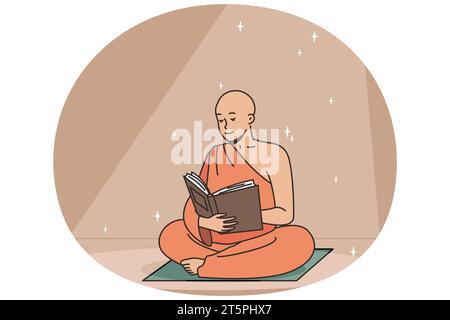 Le moine bouddhiste lit l'ancien livre assis sur un tapis. Le votary religieux reçoit la connaissance sacrée des traités anciens. L'homme croyant en Dieu trouve la sagesse dans le temple. Illustration vectorielle fine et colorée. Illustration de Vecteur