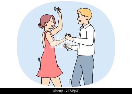 Homme souriant et femme dansant ensemble en s'amusant. Un couple heureux se produit à la compétition de danse. Passe-temps et profession. Illustration vectorielle. Illustration de Vecteur