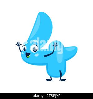 Dessin animé mignon drôle personnage à quatre chiffres. Heureux bleu 4 chiffres vecteur maths personnage de l'éducation mathématique des enfants. Amical souriant Kawaii quatre chiffres agitant les mains, geste de bonjour arithmétique élémentaire Illustration de Vecteur