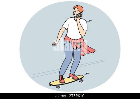 Guy roule sur un skateboard dans la rue et parle sur un téléphone portable en même temps. Garçon pratique le skateboard à l'extérieur. L'adolescent se déplace sur la route à bord long, chat sur smartphone. Graphiques vectoriels en couleur. Illustration de Vecteur